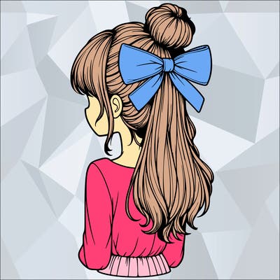 realistic girl  with hip length hair a bun and a big bow on the back of head