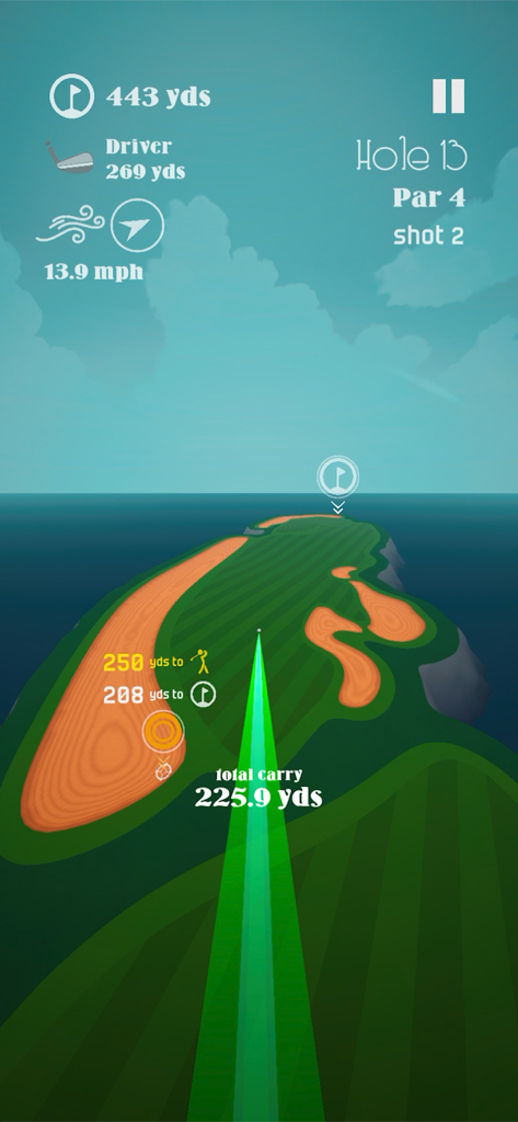 A simulation of a golf swing in Stinger Golf showing shot trajectory and technical course data