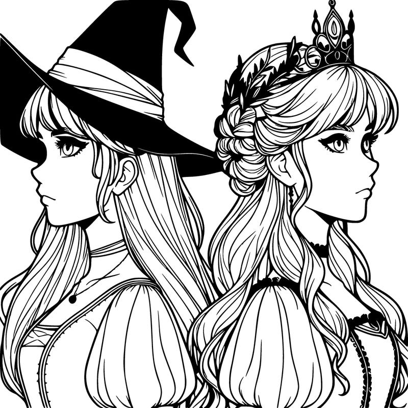a witch and a princess back to back realistic