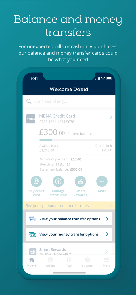 MBNA Mobile App home screen showing credit card balance and money transfer options