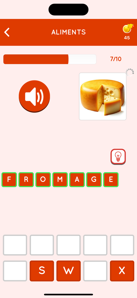 A French vocabulary game interface showing a picture of cheese and the word fromage