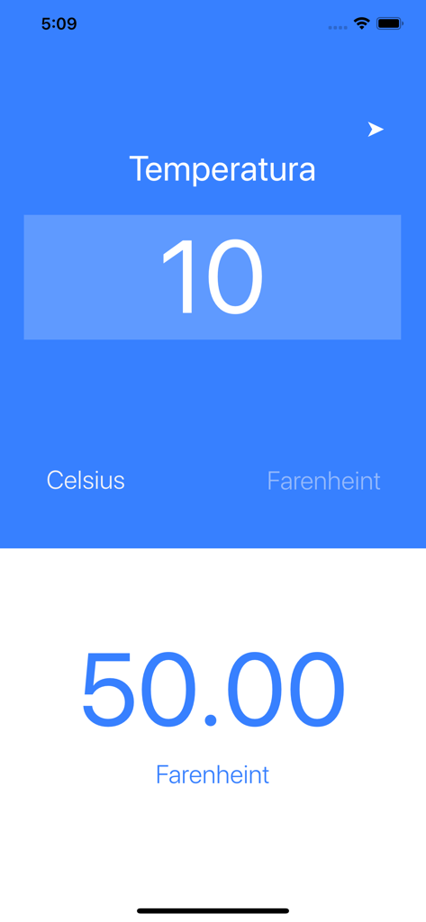X Conversor mobile app screen displaying a conversion from 10 degrees Celsius to 50 degrees Fahrenheit