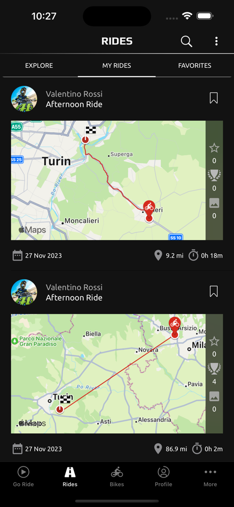 MyRide – Motorcycle Routes - User interface showing recorded motorcycle routes with maps and statistics in the MyRide app