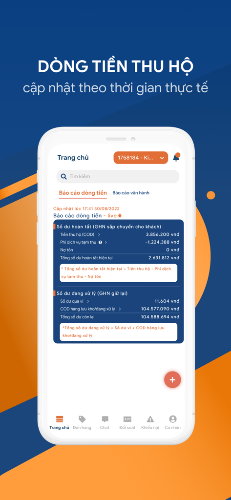 GHN mobile app interface showing a real-time cash flow and Cash on Delivery report dashboard