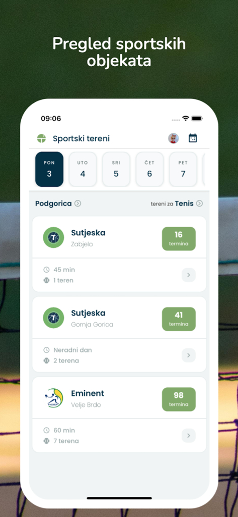 Tereni Online - Tereni Online app interface showing available tennis court bookings and facility details