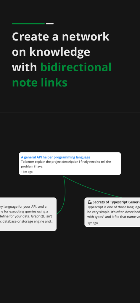 Notesnook: Private note taking - Una demostración visual de enlaces de notas bidireccionales en la aplicación Notesnook para crear una red de conocimiento.