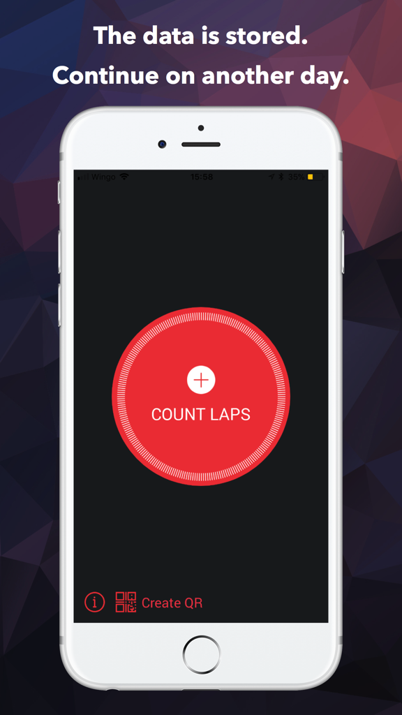 QR Laps - QR Laps app interface with a large red count laps button and data storage message