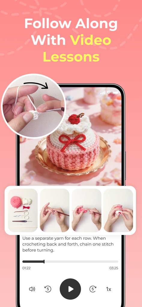 Yarnmate app interface showing a step-by-step video lesson for crocheting a cupcake