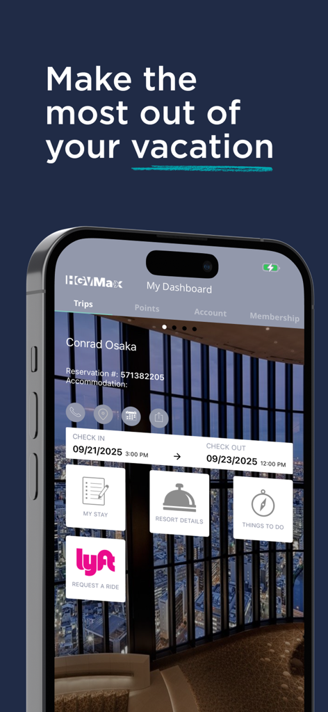 Hilton Grand Vacations app dashboard displaying trip details and resort amenities for a stay at Conrad Osaka.