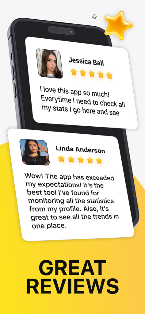Positive user reviews and five star ratings for the Tik Followers Tracker app displayed on a smartphone screen.