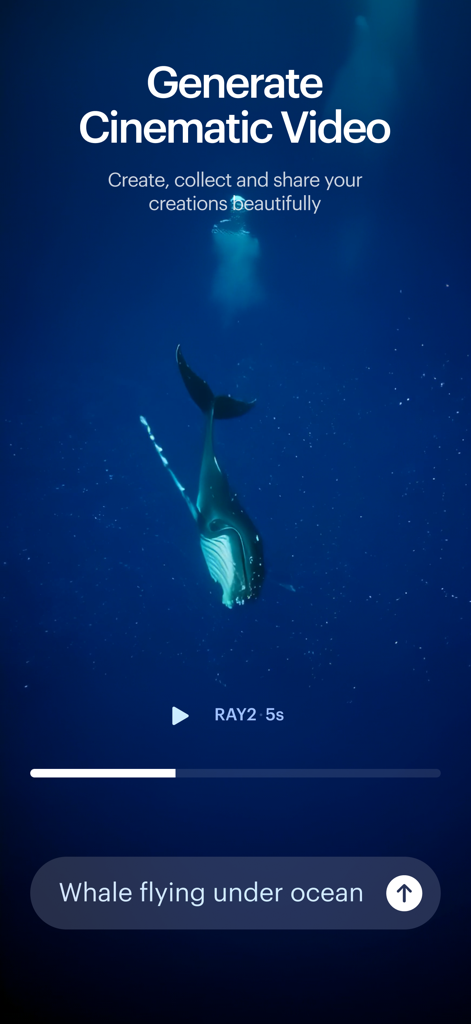 Generazione di un video cinematografico di una balena che vola sott'acqua all'interno dell'interfaccia dell'app Luma Dream Machine