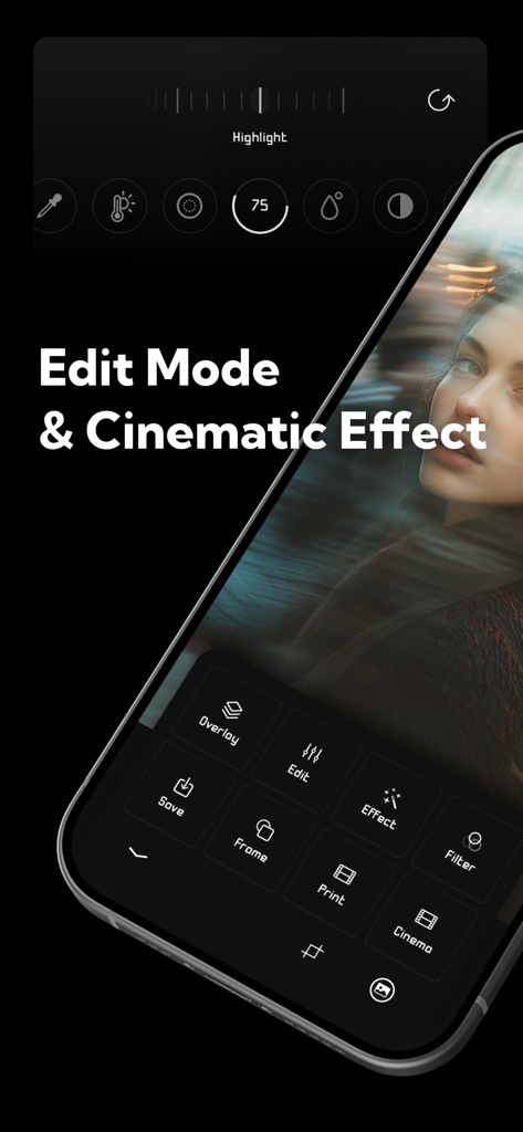 FILCA app interface displaying professional photo editing tools and cinematic effects on a portrait