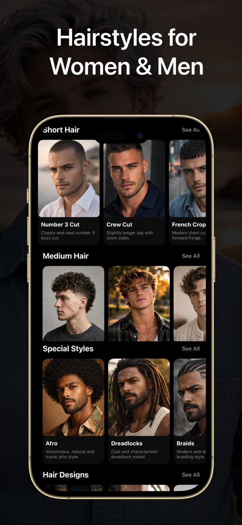 AI Hairstyle - Hair Color - Mobile app interface displaying a variety of men's hairstyles including short, medium, and special styles like afro and dreadlocks.
