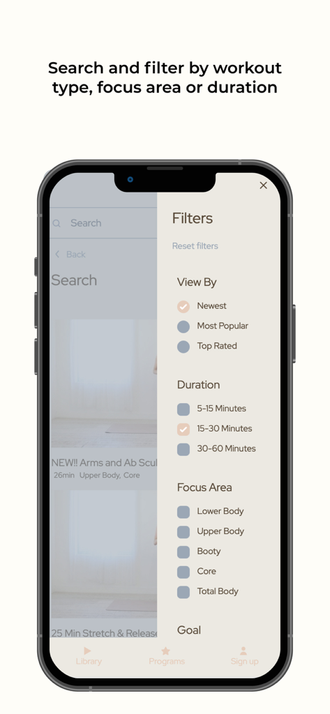The Movement Club App - The Movement Club app interface showing workout filters for duration, focus area, and popularity.