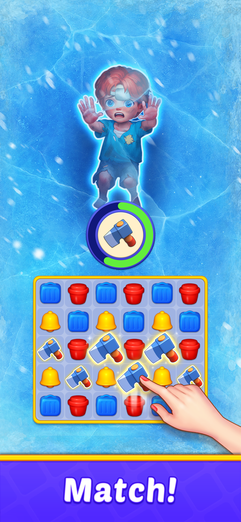 Home Match - Garden & Design - Un tablero de puzle de match-3 mostrando una mano uniendo iconos de hacha para rescatar a un personaje atrapado en hielo