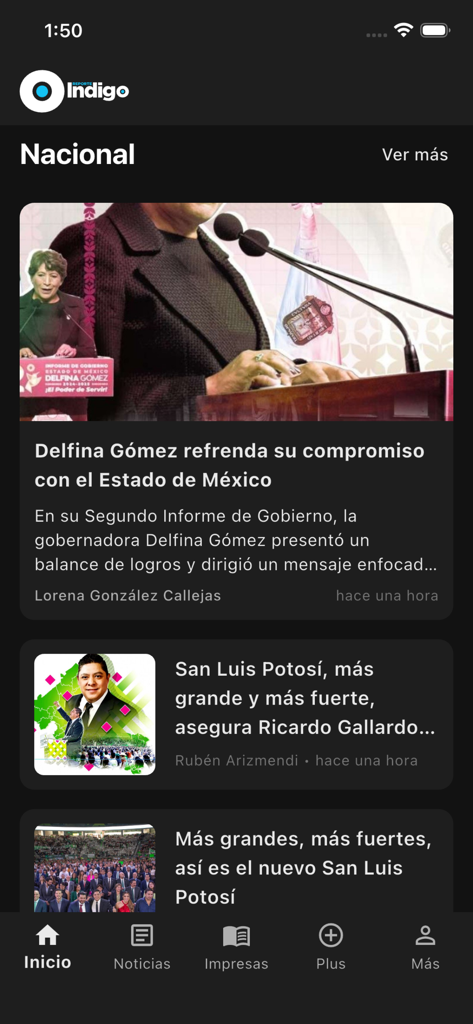 Reporte Índigo - Home screen of the Reporte Indigo app showing Mexican national news articles in Spanish.