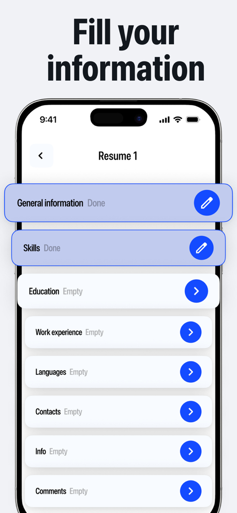 CV Builder: Resume Generator - Interfaz de aplicación móvil que muestra secciones del currículum como habilidades, educación y experiencia laboral para la entrada de datos