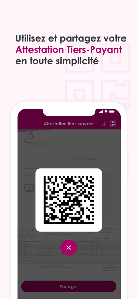 Application mobile Hélium affichant l'attestation numérique d'assurance santé avec code QR pour la facturation au tiers