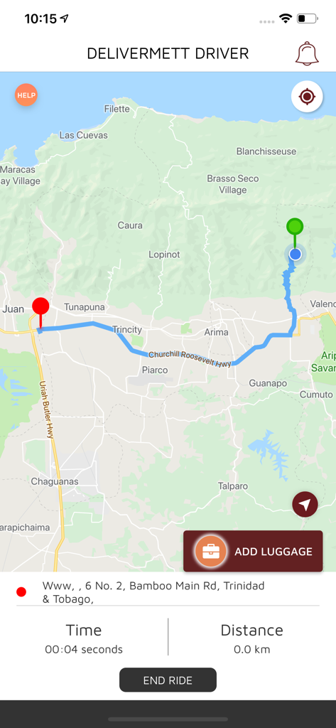 DeliverMe TT Driver - Mobile app navigation screen for DeliverMe TT Driver showing a map route and trip details