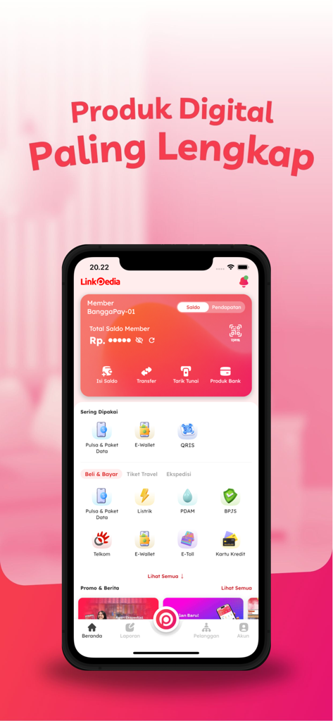 Agen LinkPedia - Panel de la aplicación móvil Agen LinkPedia mostrando varios servicios de pago digital como crédito telefónico, electricidad y BPJS para usuarios indonesios.