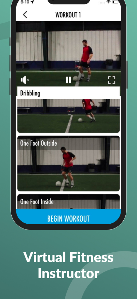 Soccer training app screen showing dribbling drills and virtual instructor.