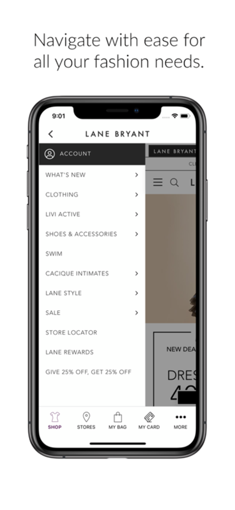 Lane Rewards by Lane Bryant - Lane Bryant mobile app side menu with shopping and rewards categories