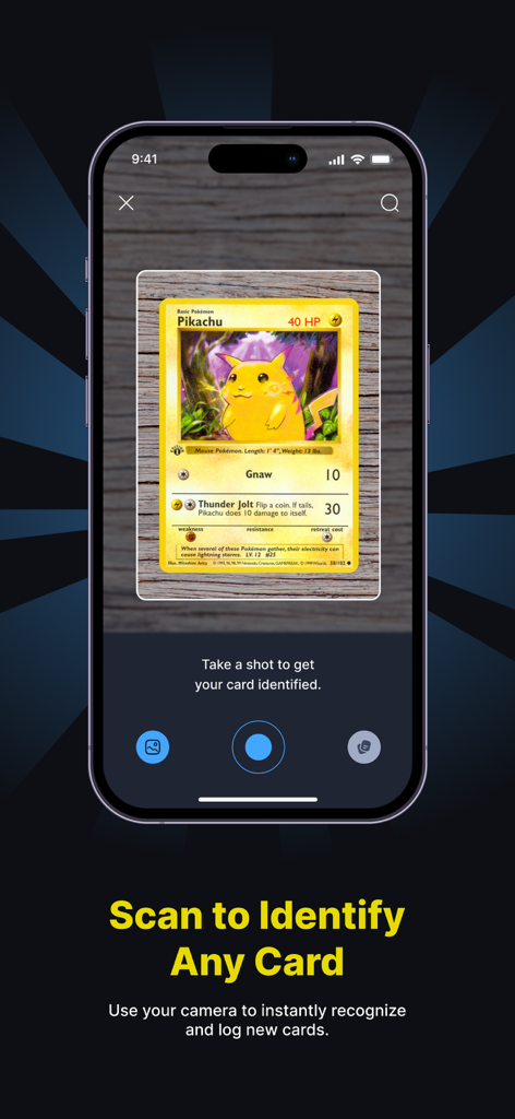HoloDex app interface showing a mobile phone scanning a Pikachu Pokémon card to instantly identify it