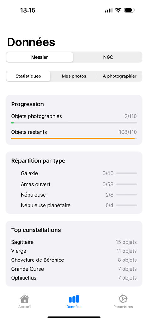 CatalogueMessier - Panel de estadísticas en la aplicación CatalogueMessier que muestra el progreso de los objetos astronómicos fotografiados