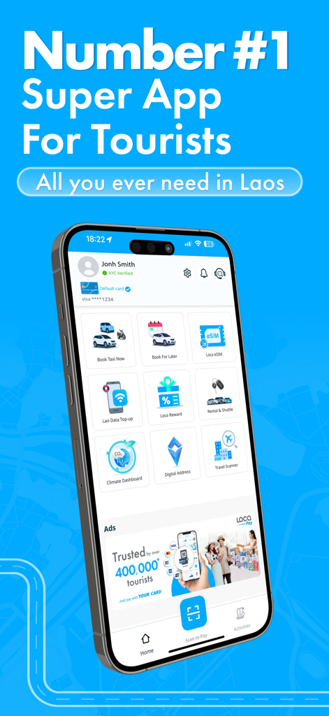 LOCA Laos E-Mobility & Payment - ラオスでの観光客向けLOCAスーパーアプリインターフェイス、タクシー予約、eSIM、デジタル決済機能を搭載