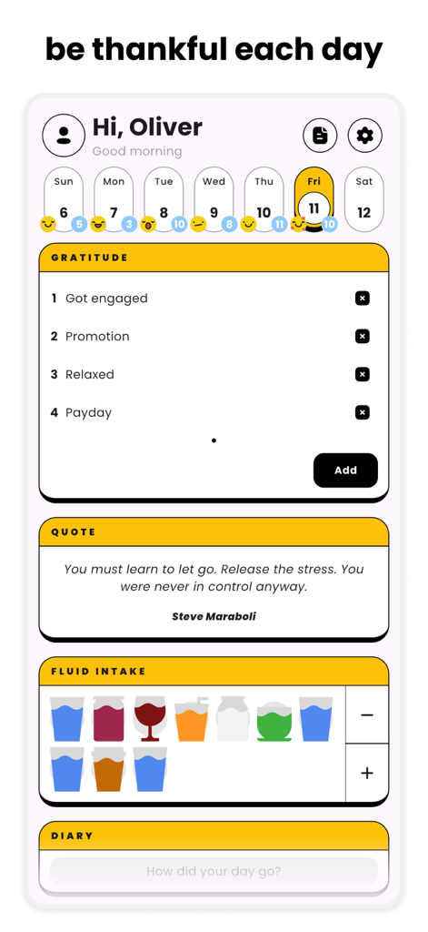 Gratsy - Self-Care, Your Way - Gratsy app interface showing gratitude journal mood tracker and water intake logs