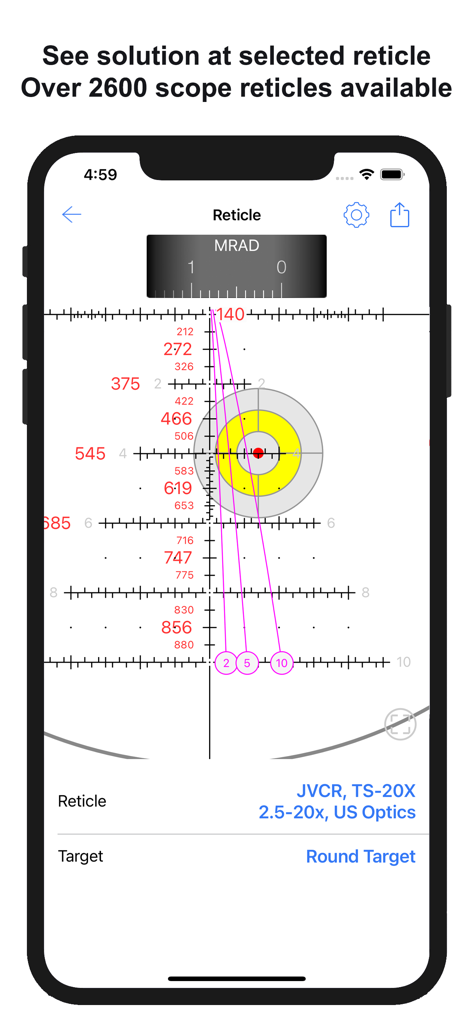 Chairgun Elite ballistic tool showing a detailed scope reticle with range solutions on a target
