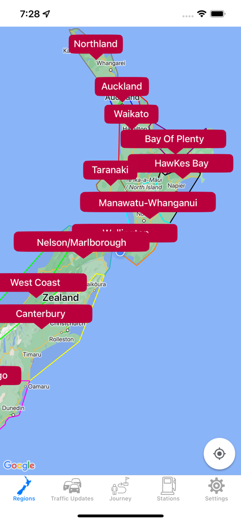 A map of New Zealand showing regional traffic update zones in the app.