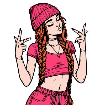realistic teenage girl with braids and a beanie and crop top doing 🫶🏼
