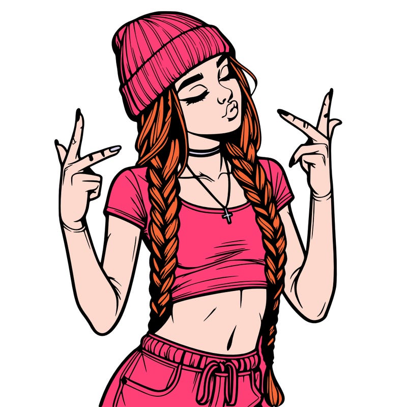realistic teenage girl with braids and a beanie and crop top doing 🫶🏼