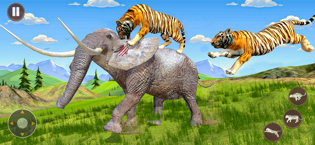 Dos tigres cazando un elefante en un mundo de juego de simulación en 3D con montañas al fondo