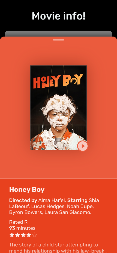Showings — movie times & more - Film-Informationsbildschirm für den Film Honey Boy in der Showings-App