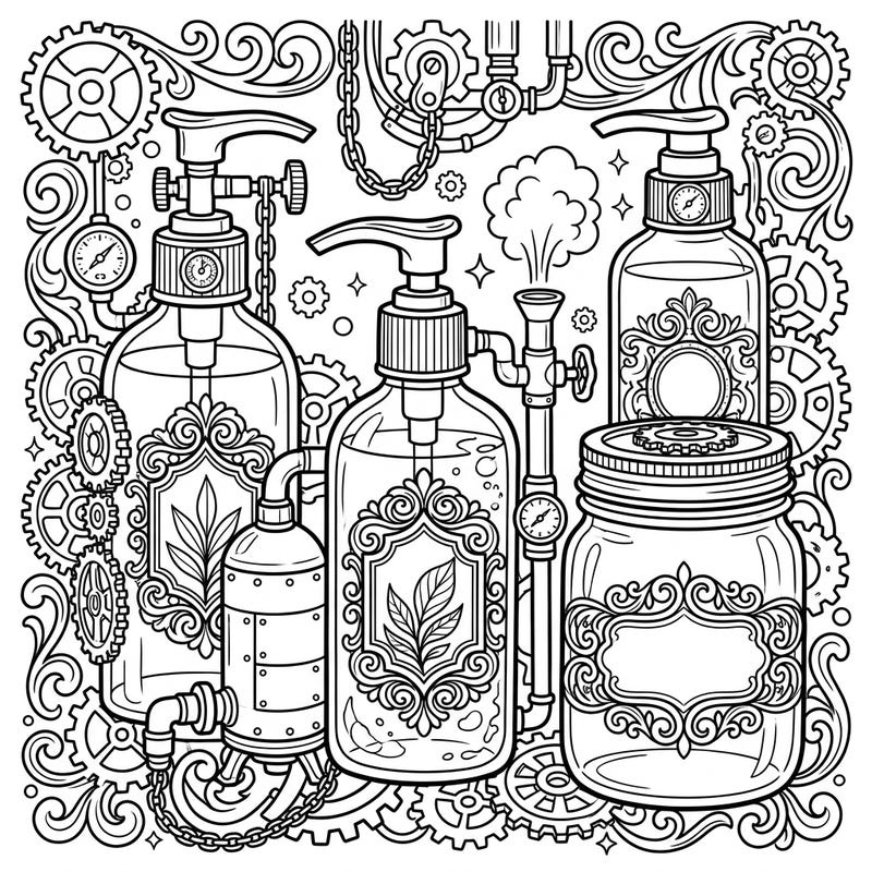 Discover a fascinating blend of Victorian-era mechanics and modern skincare with this unique Steampunk Exfoliants coloring page. Immerse yourself in a world of gears, pipes, and ornate bottles, ready for your creative touch.