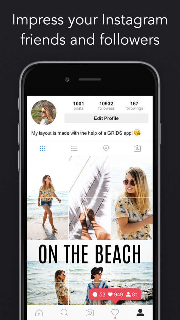 Grids – Giant Square Layout - A smartphone screen showing an Instagram profile with a multi-tile giant square photo layout