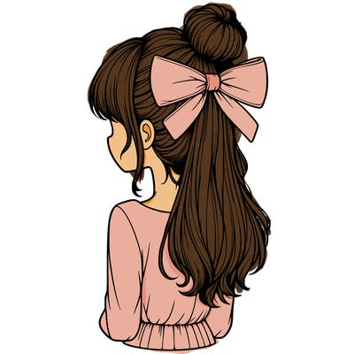 realistic girl  with hip length hair a bun and a big bow on the back of head