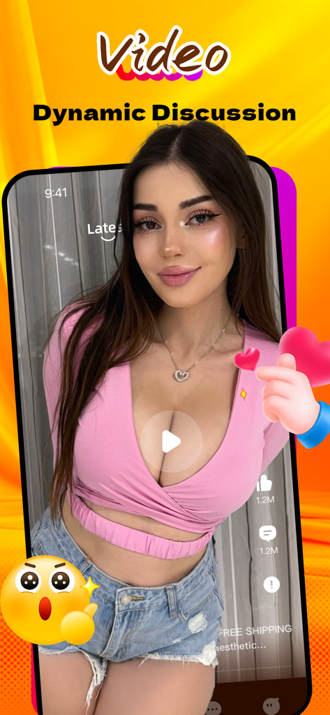 Olivn：Live Video Chat，Meet - 핑크색 상의를 입은 젊은 여성이 소셜 참여 아이콘과 함께 올리븐 모바일 앱 비디오 인터페이스에 표시됩니다.