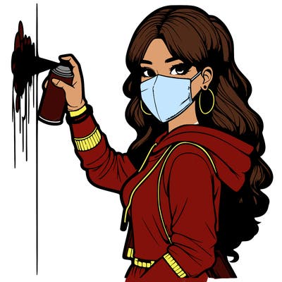 realistic girl with mask spray painting a wall