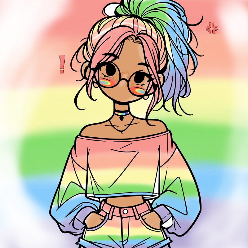 girl with a messy ponytail glasses a baggy crop top and jean shorts