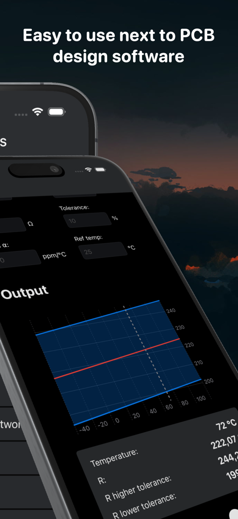 PCB Toolkit - A mobile app screen showing a resistance and tolerance graph for PCB design calculations.