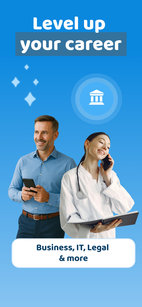 Xeropan: Learn languages - Un hombre con vestimenta informal de negocios y una mujer con bata médica usando Xeropan para aprender inglés profesional para sus carreras.