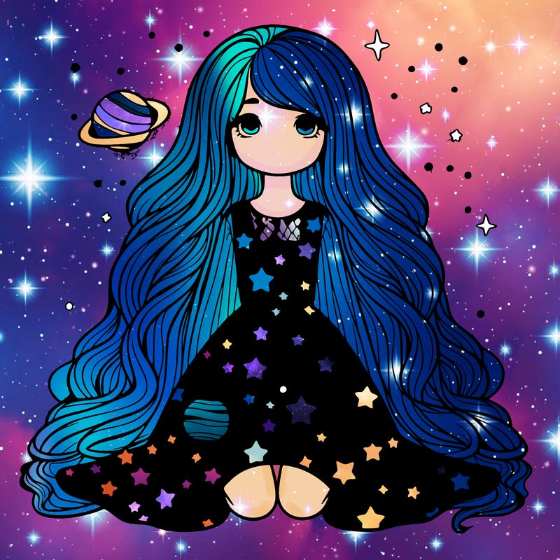girl with on-the-floor long hair and galaxy dress