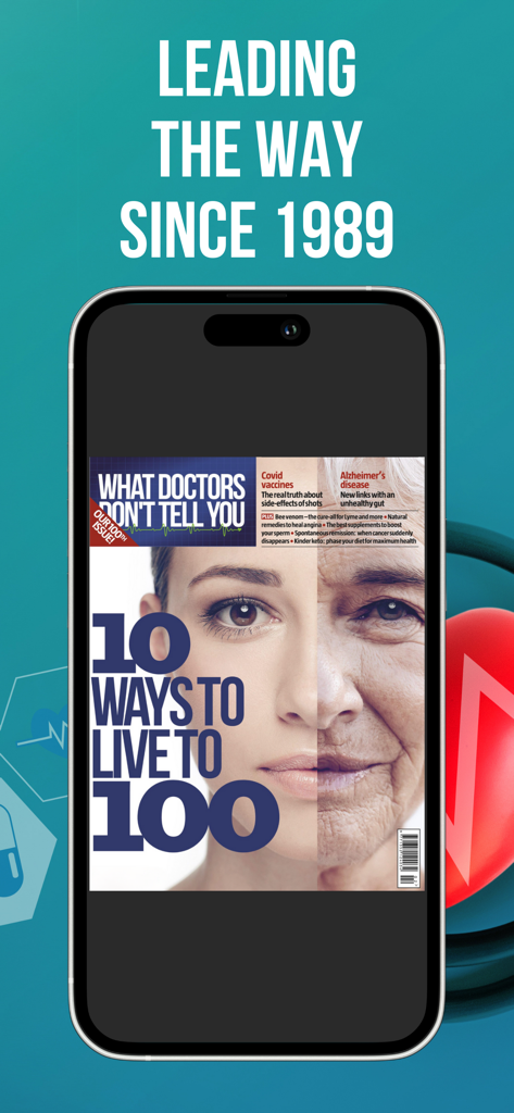 수명 연장 팁이 포함된 What Doctors Don't Tell You 디지털 잡지 표지가 표시된 스마트폰