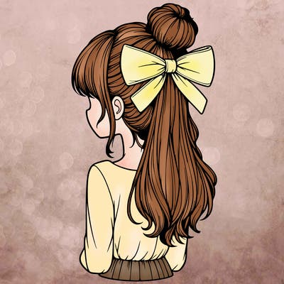 realistic girl  with hip length hair a bun and a big bow on the back of head