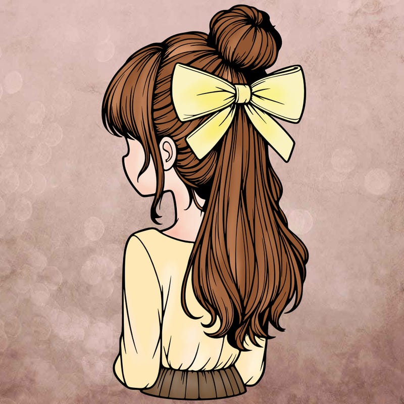 realistic girl  with hip length hair a bun and a big bow on the back of head