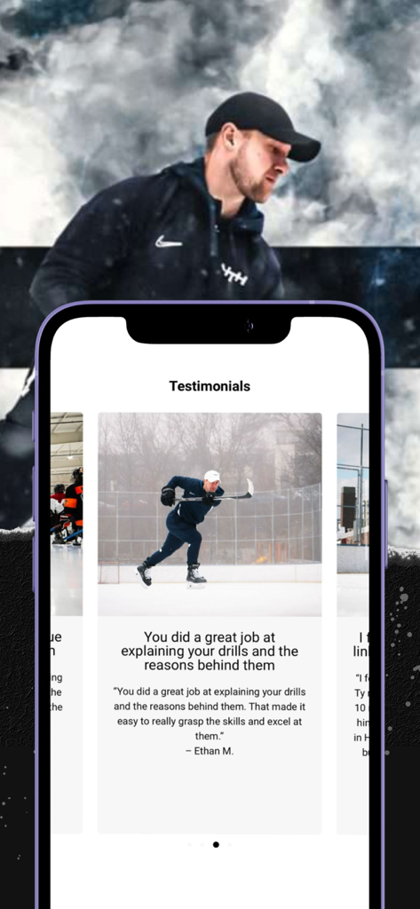 iTrain Hockey+ - Interface de l'application montrant des témoignages pour les exercices de formation iTrain Hockey