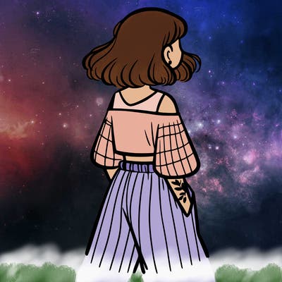 one girl in crop top and baggy pants facing away